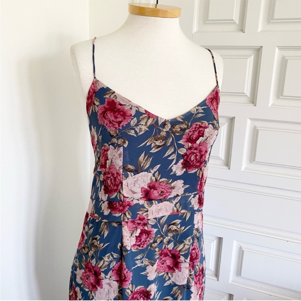 Long Maxi Mermaid Style Dress Blue Pink Floral Corset Lace Up Ruffles - Picture 2 of 15